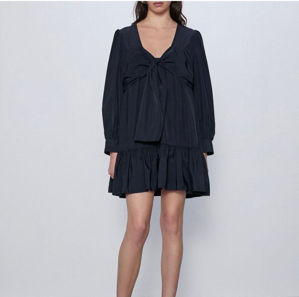 ZARA Black Taffeta Style Loose V-neck Babydoll Dress With Bow And Ruffle S